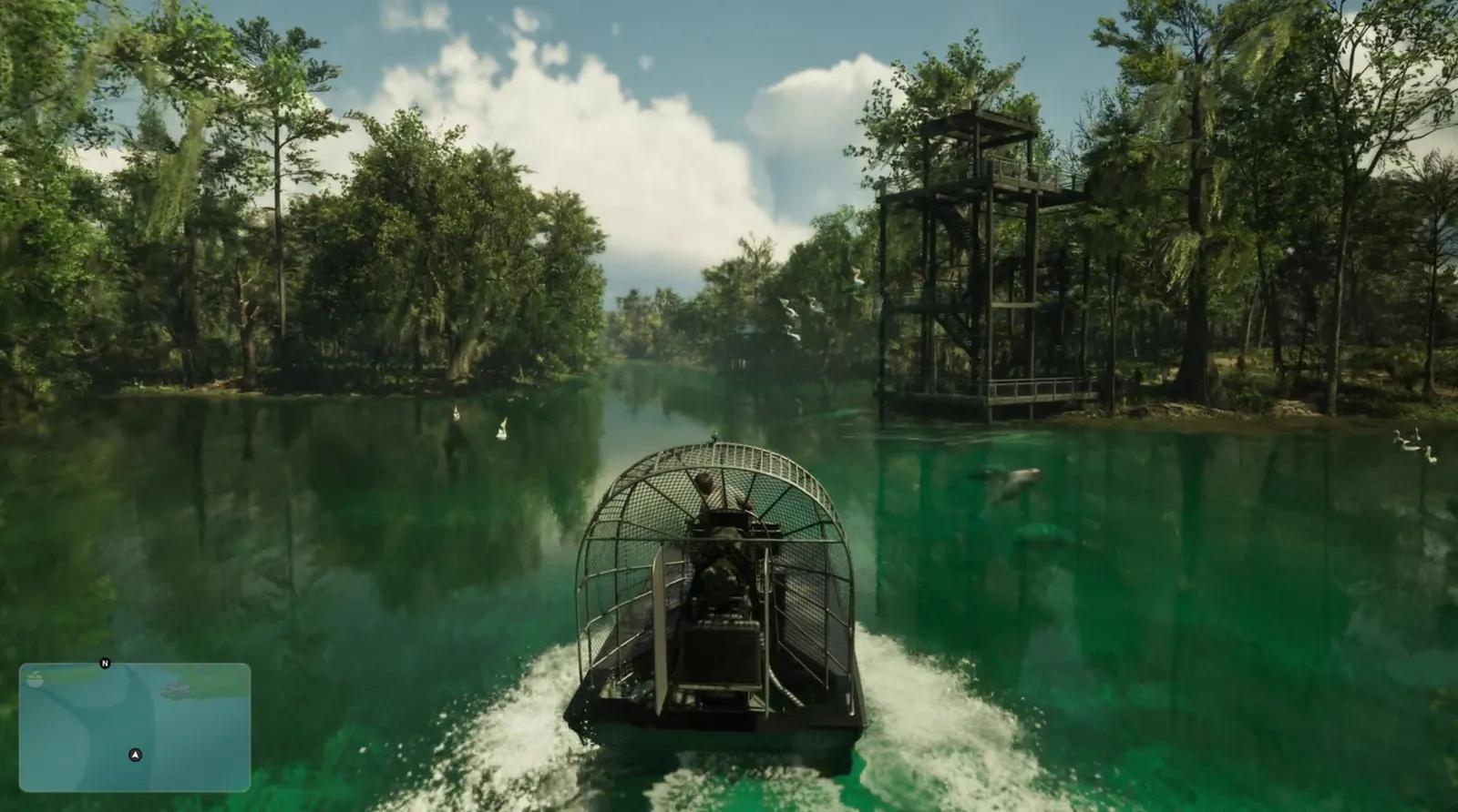 Airboat cruising a cypress-lined swamp channel in GTA 6.
