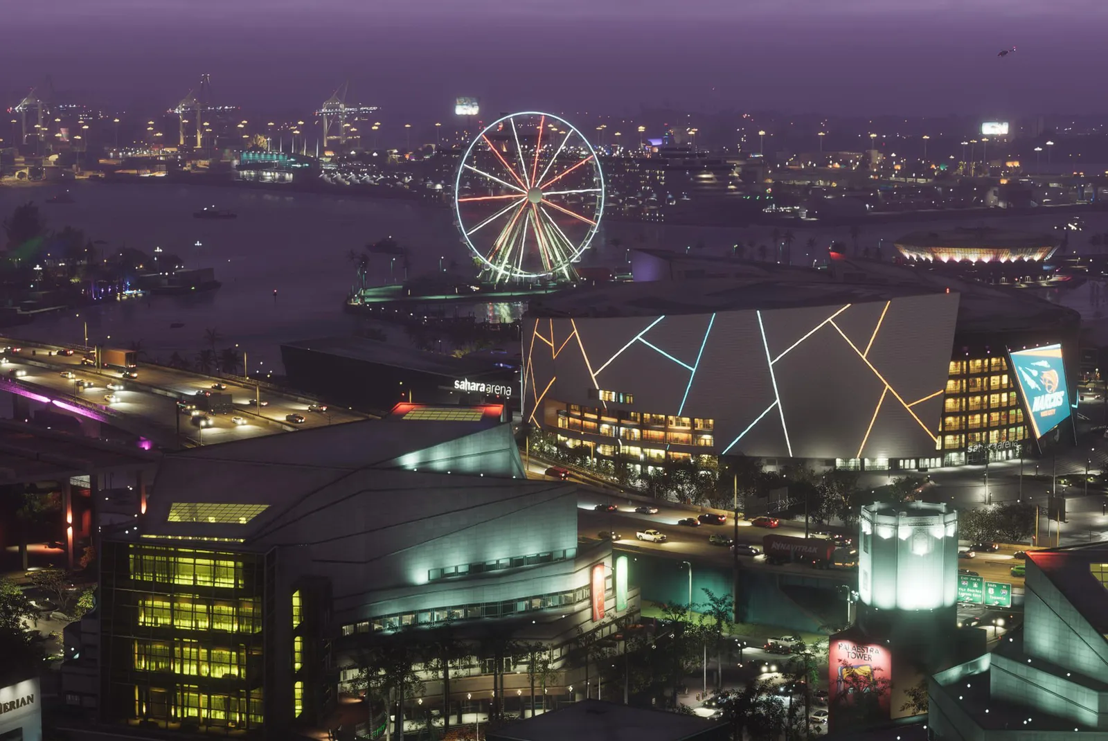 Vice City skyline at night with a lit Ferris wheel in GTA 6.