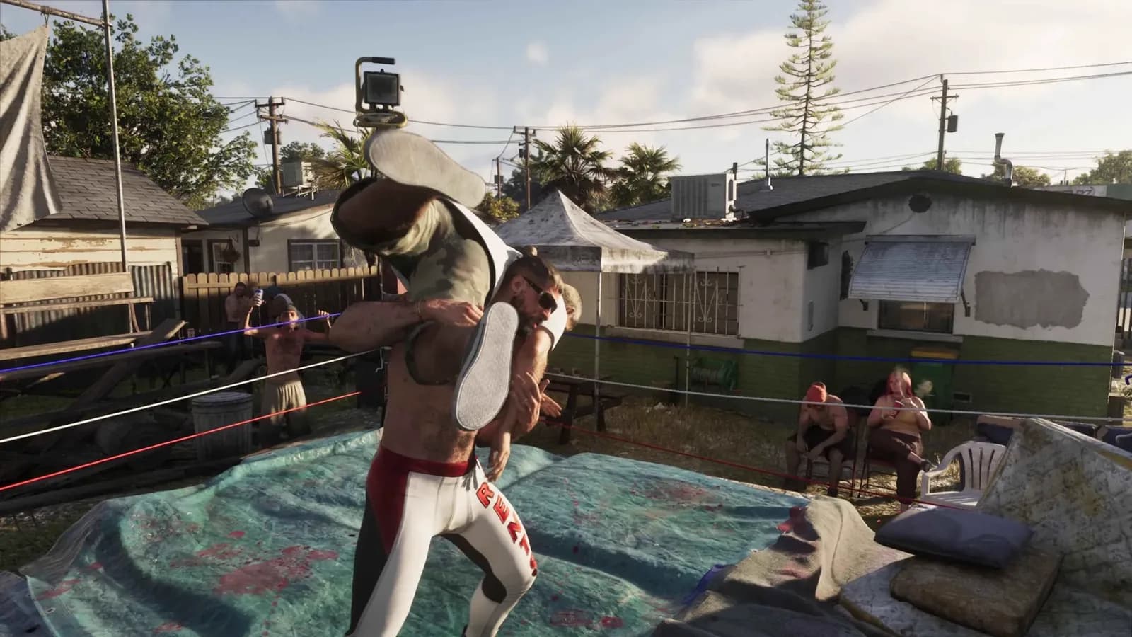 Backyard wrestling ring made of mattresses between suburban houses in GTA 6.