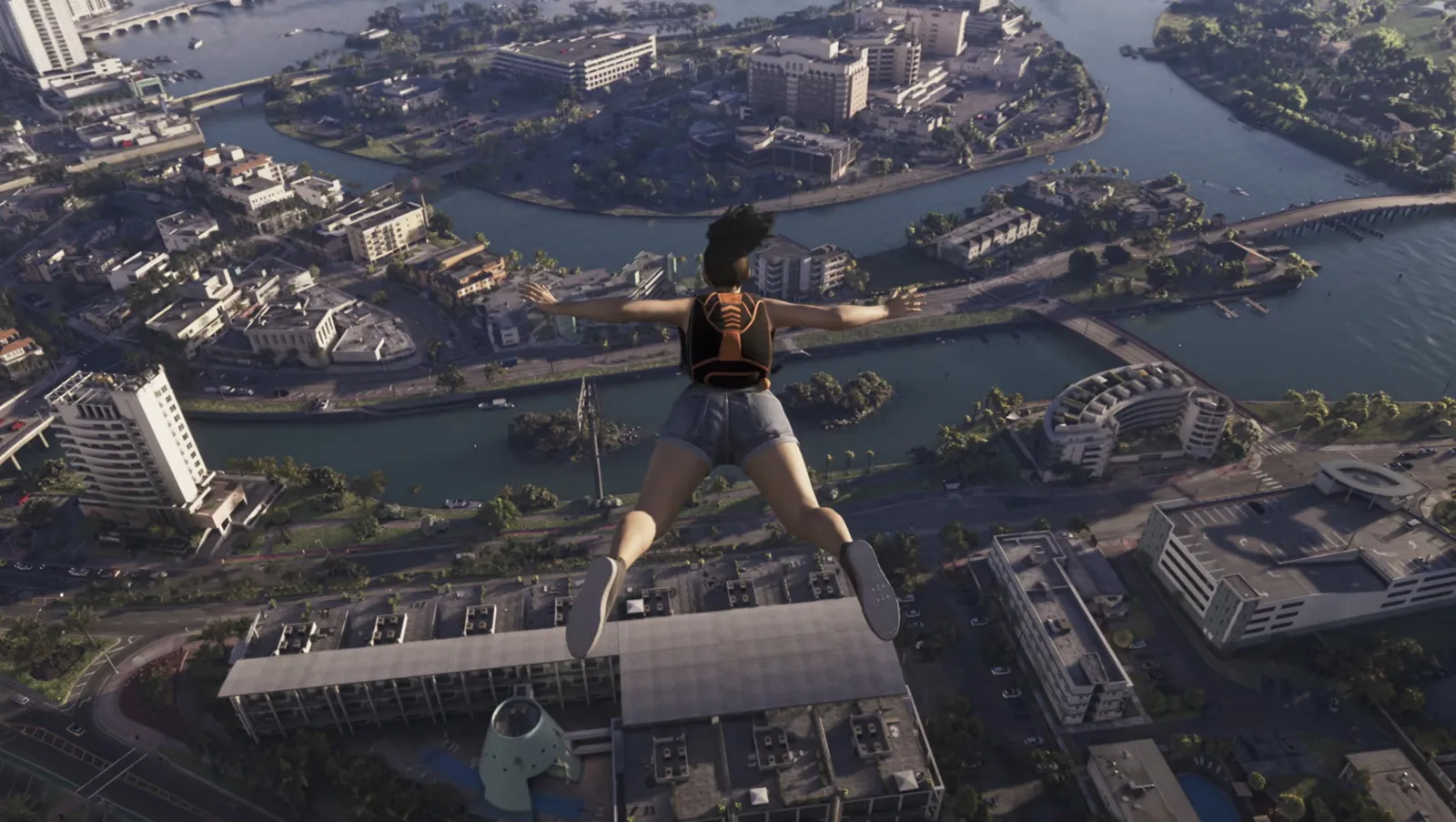 Character leaping from a rooftop high above Vice City in GTA 6.