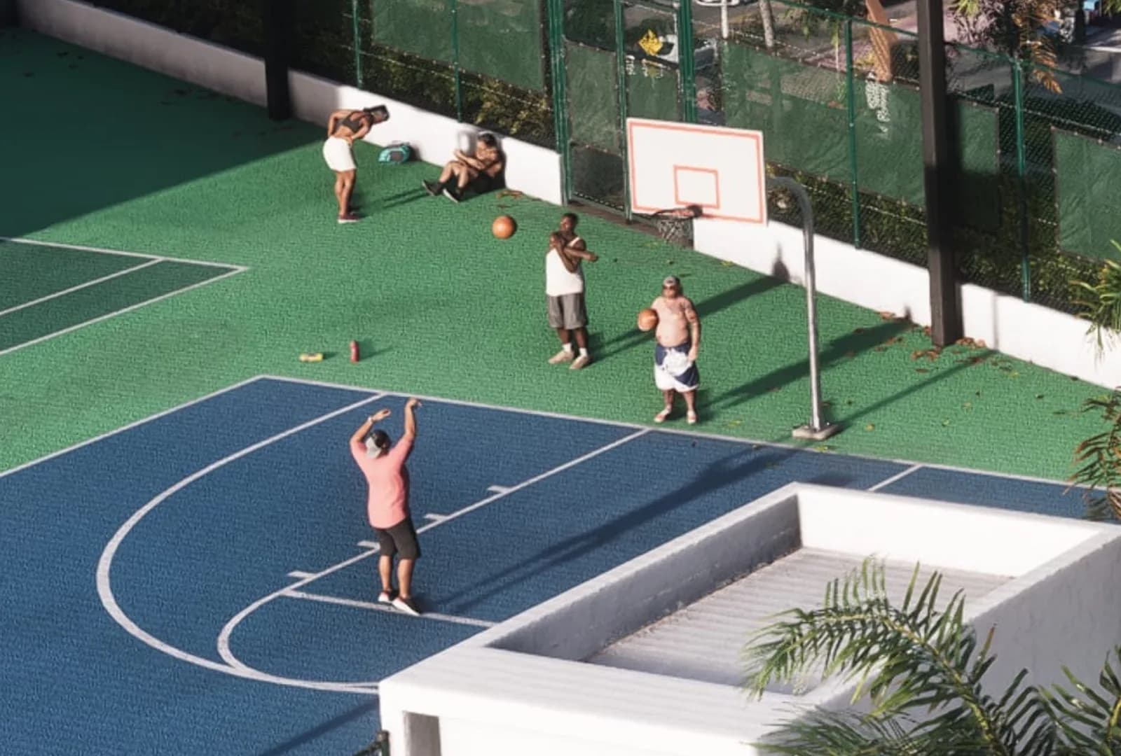 GTA 6 style artwork of a pick-up basketball game on a Vice City court.