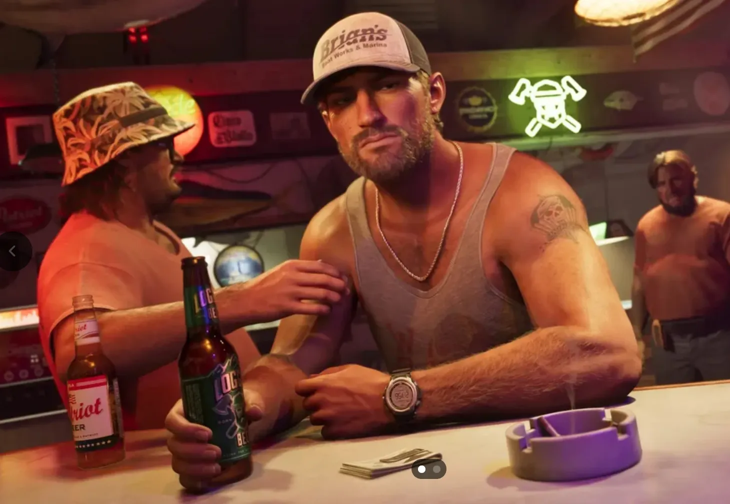 Drinkers with beer bottles at a dive bar counter in GTA 6.