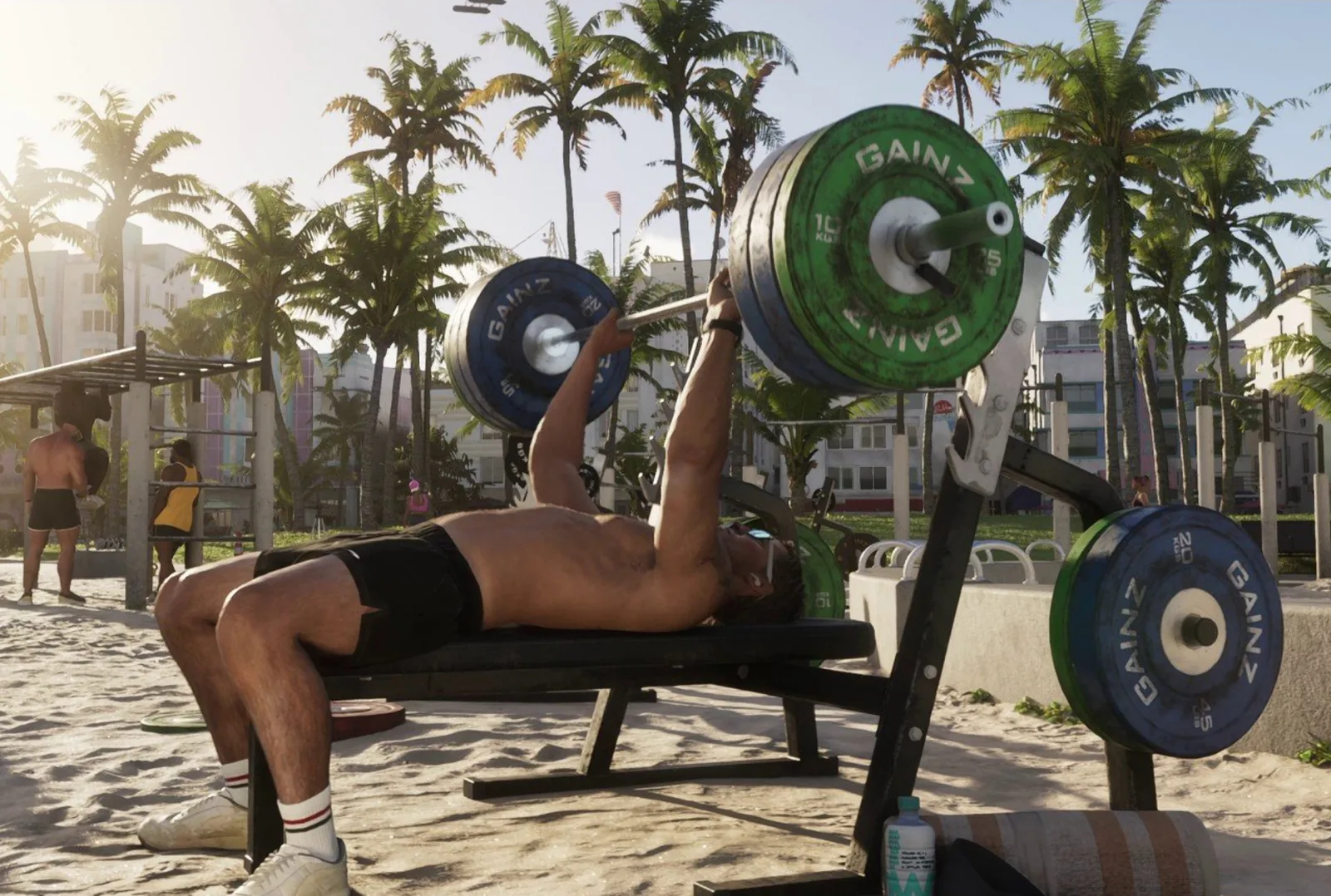 GTA 6 style artwork of a character working out in a Vice City gym.