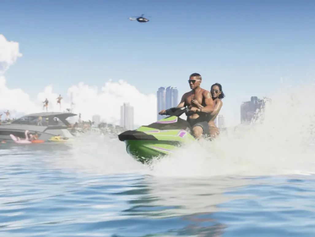 Two riders on a jet ski off the Leonida coast in GTA 6.