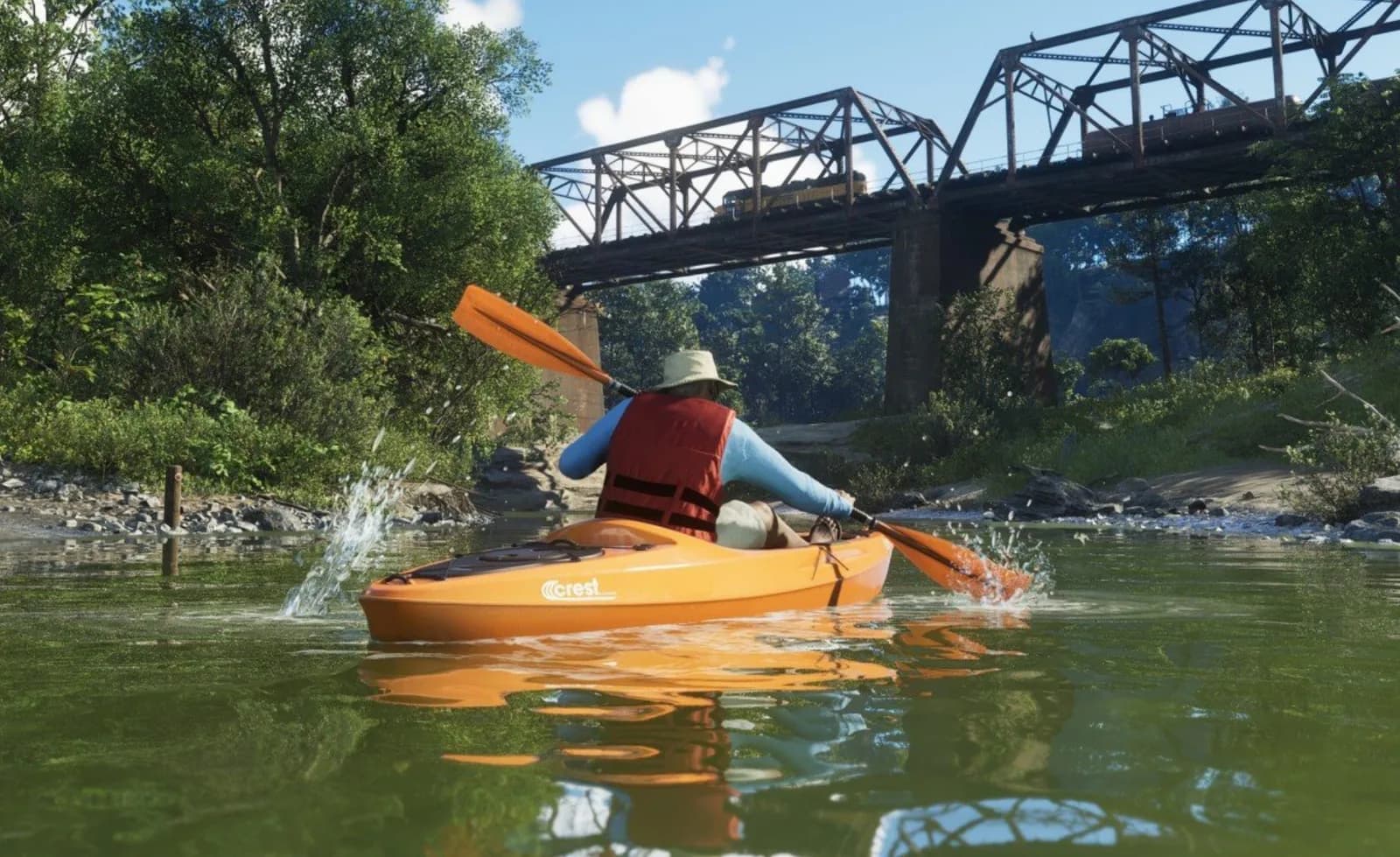 GTA 6 style artwork of kayaking through Leonida waterways.