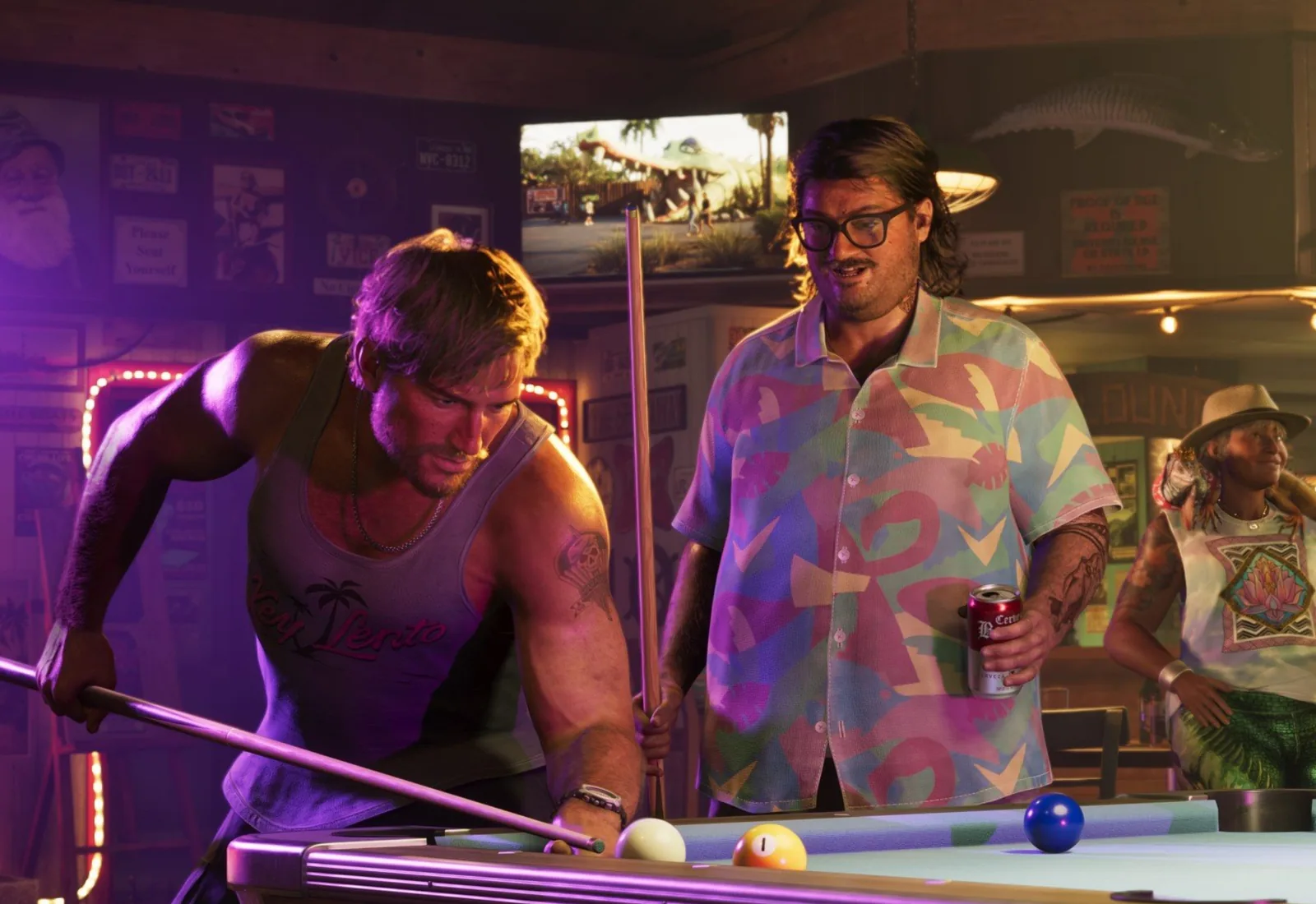 GTA 6 style artwork of a game of pool in a Vice City bar.