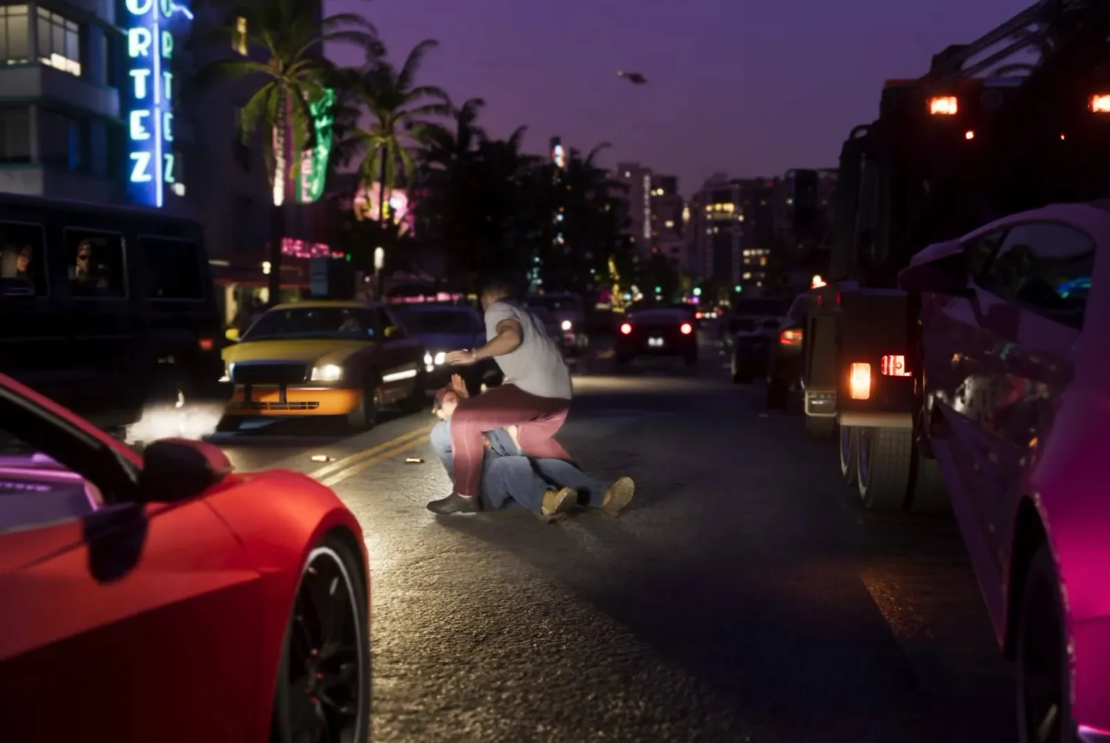 Night-time Vice City street scene with a stopped car and bystanders in GTA 6.