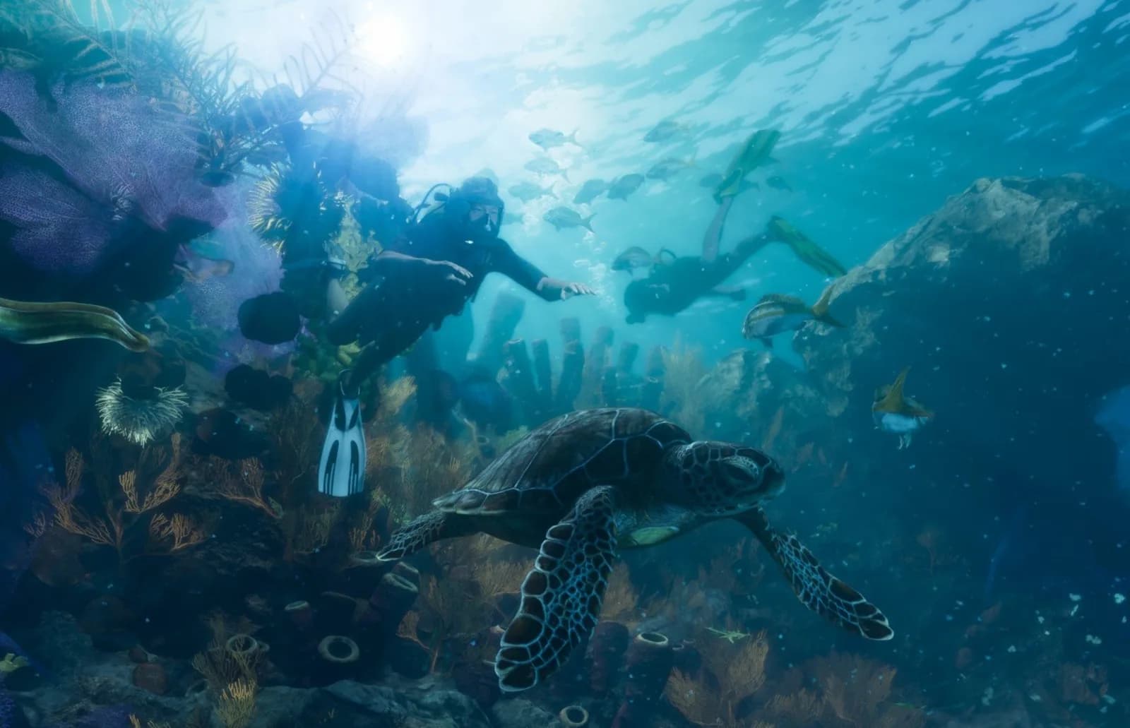 GTA 6 style artwork of scuba diving in the waters off Leonida.