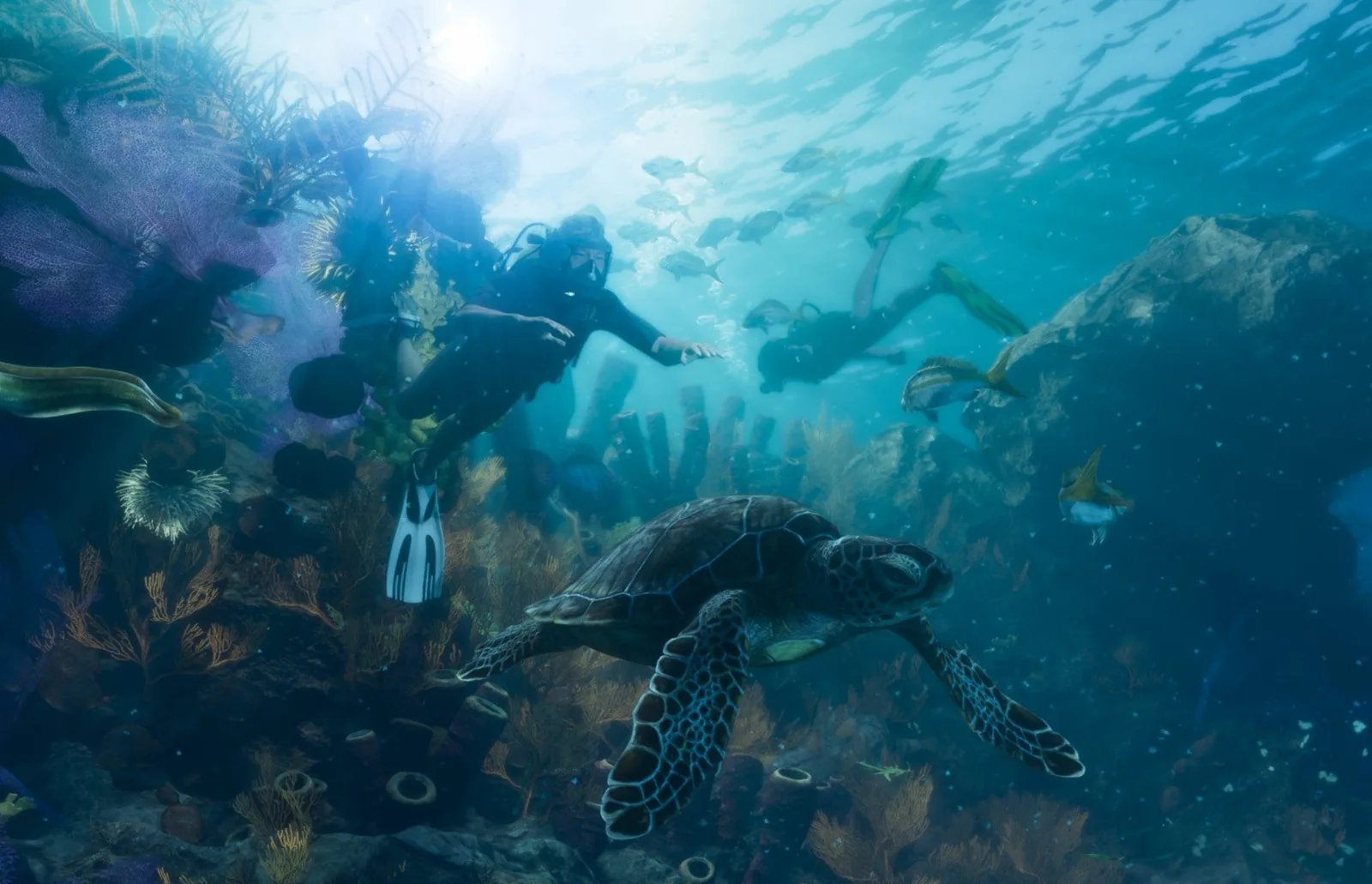 GTA 6 style artwork of scuba diving in the waters off Leonida.