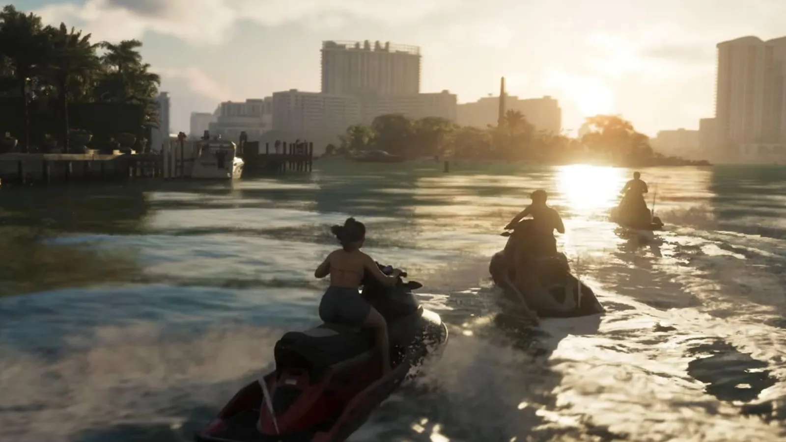 Jet skis racing across open water at sunset in GTA 6.