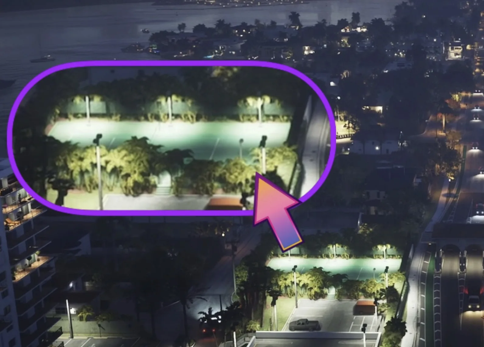 GTA 6 style artwork of a tennis match on a Vice City court.