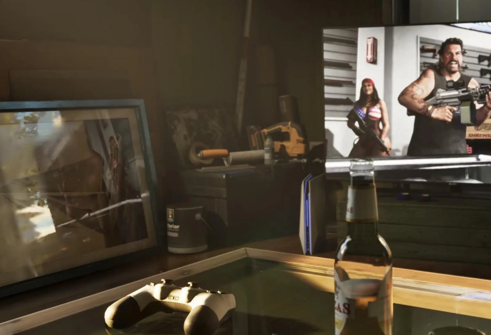 Safehouse lounge with a TV and games setup in GTA 6.