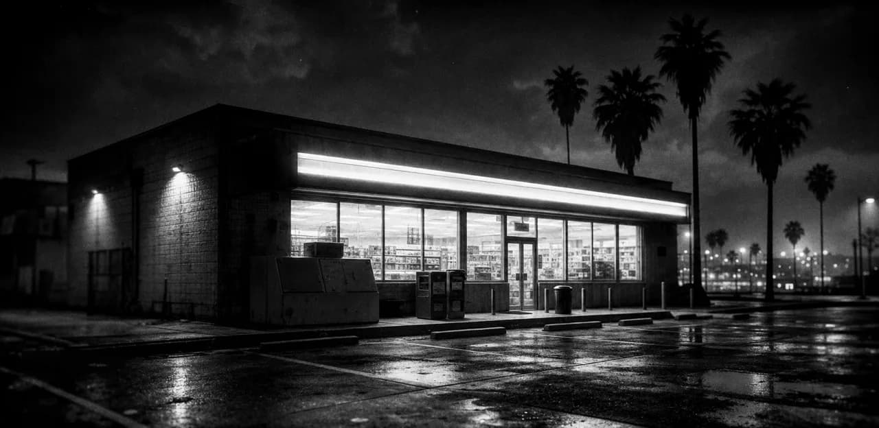 Black and white cinematic shot of a brightly lit 24-hour convenience store storefront at night with an ice machine out front