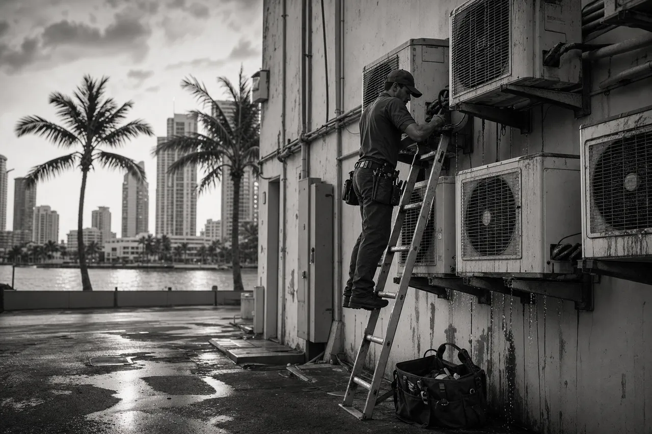 Black and white cinematic view of a technician on a ladder servicing a wall of air conditioning units