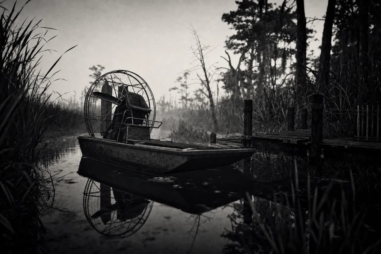 Black and white flat-bottomed airboat with a large caged rear fan moored at the edge of a misty Everglades swamp