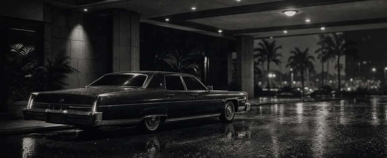 Black and white cinematic concept image of a long classic American luxury sedan parked under a covered driveway at night