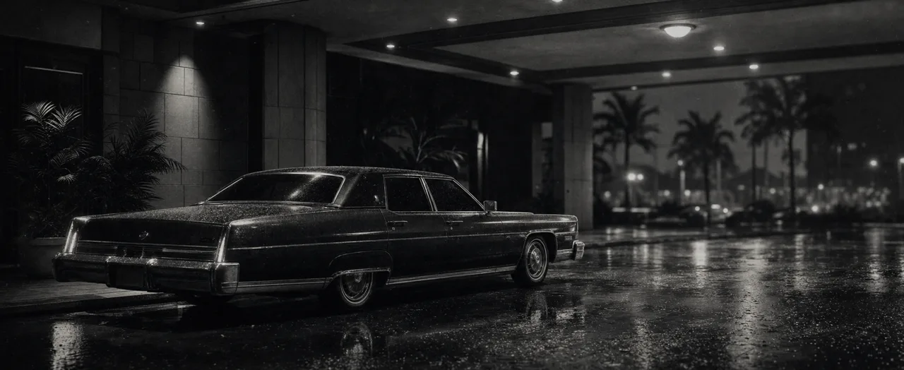 Black and white cinematic concept image of a long classic American luxury sedan parked under a covered driveway at night