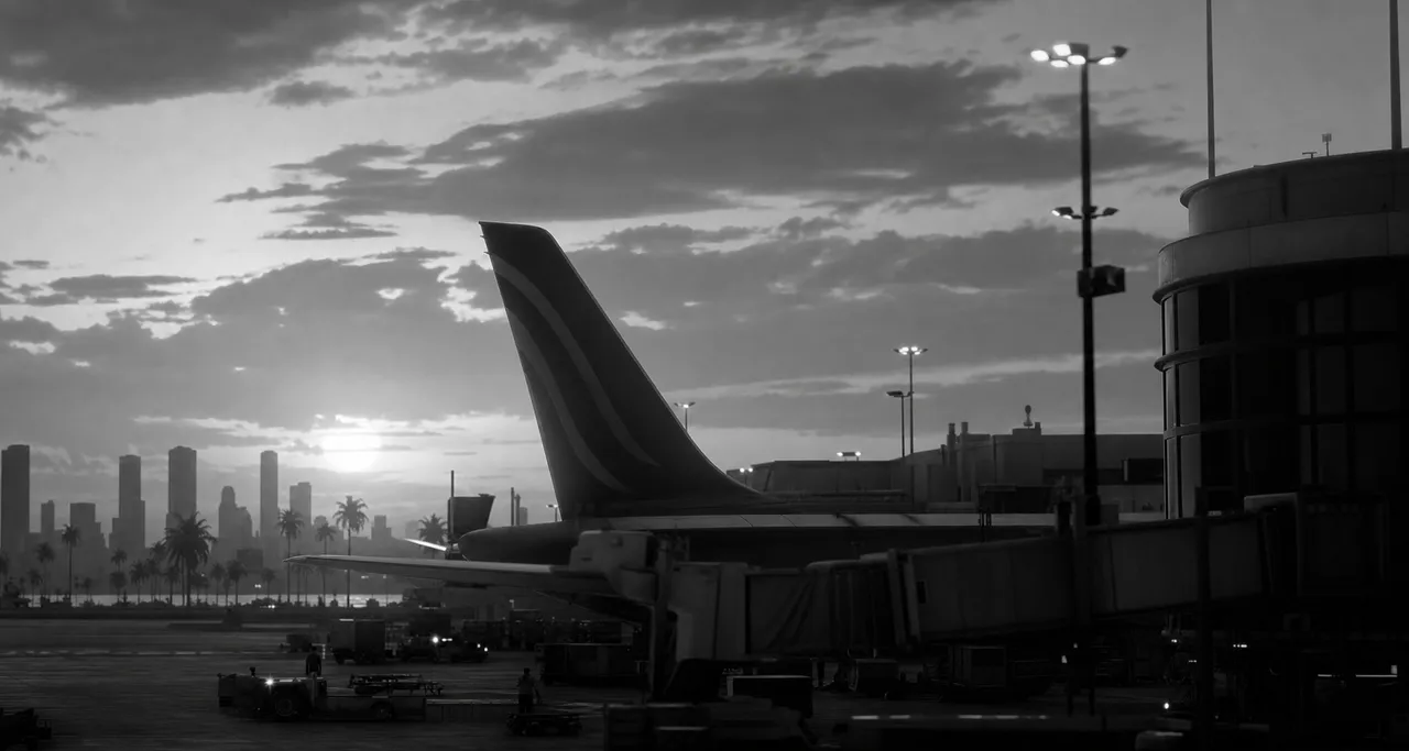 Black and white cinematic view of an airliner tail above a terminal pier at sunset with ground vehicles in silhouette