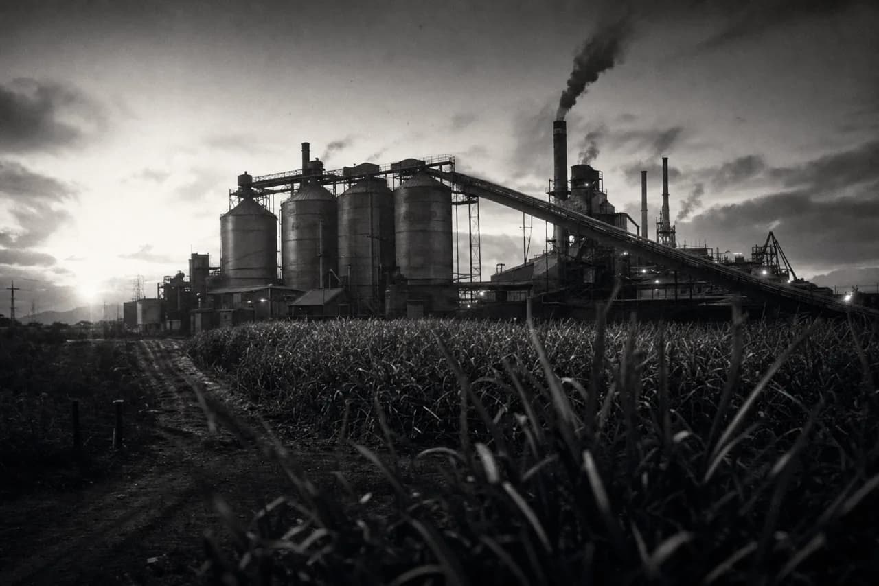 Black and white cinematic view of a sprawling sugar refinery with tall smokestacks and storage silos beside cane fields