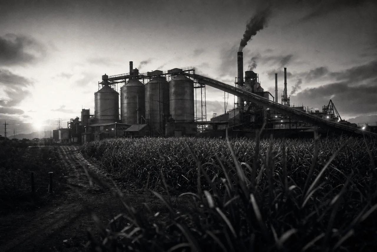 Black and white cinematic view of a sprawling sugar refinery with tall smokestacks and storage silos beside cane fields