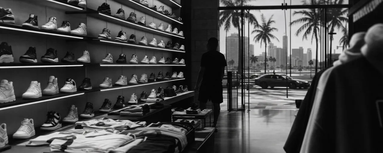 Black and white cinematic view of a sportswear store with a lit wall of trainers and a shopper in silhouette