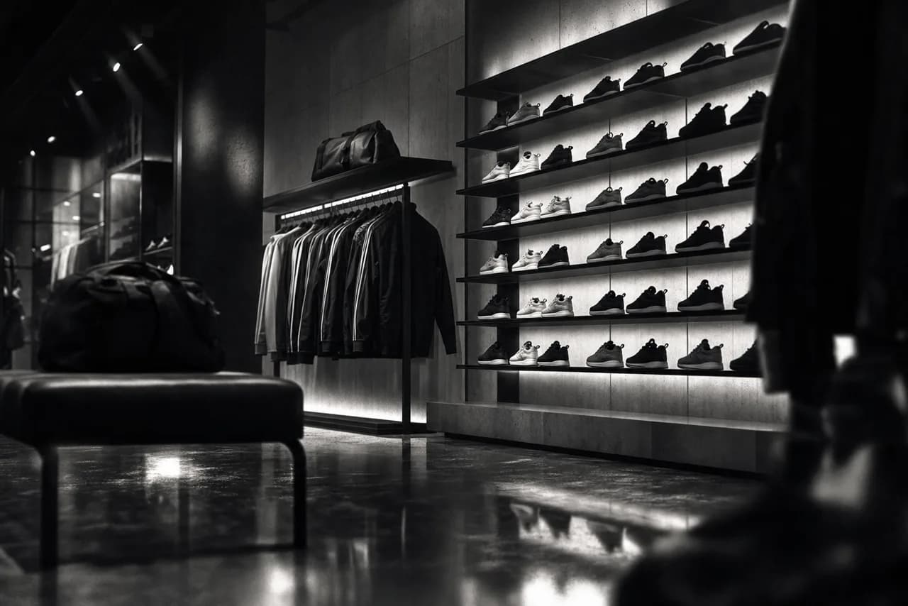 Black and white athletic sportswear store with a backlit wall of sneakers and a rack of tracksuits