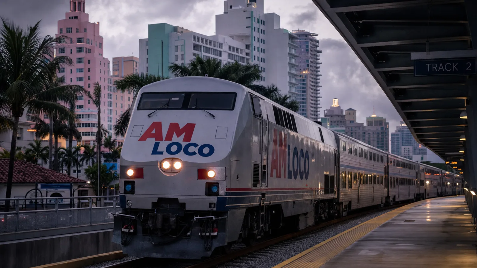 Concept render of a silver Am Loco passenger train at a Leonida station at dusk