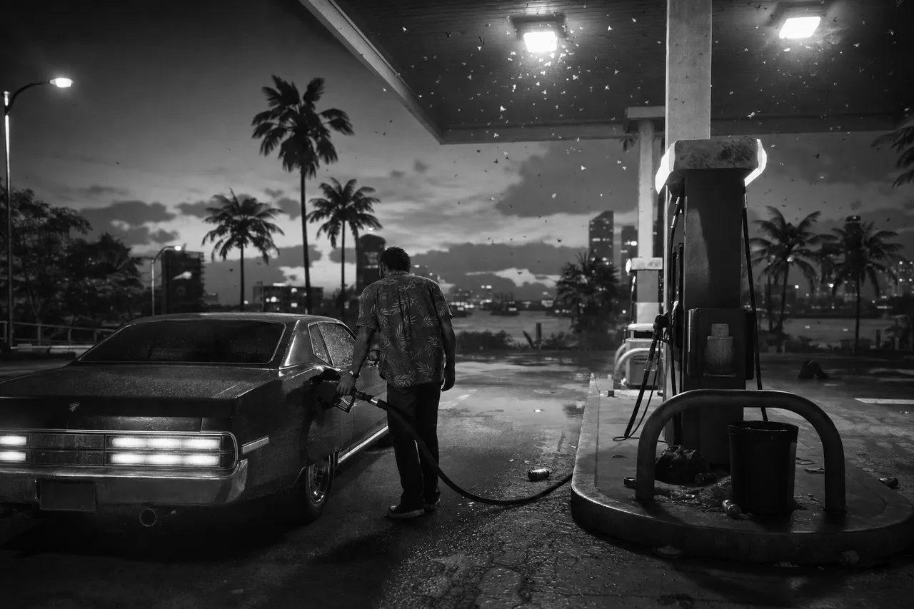 Black and white cinematic view of rest stop gas pumps under a wide canopy at dusk with one car refuelling