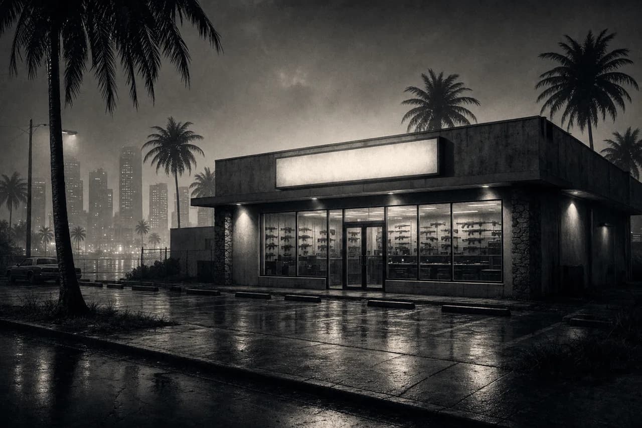 A gun store franchise storefront at dusk on a rain-slicked Vice City street, palm trees and a city skyline behind it.