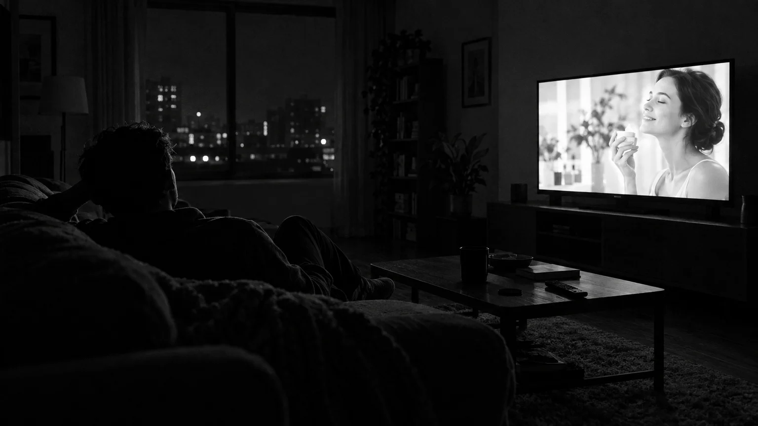 Black and white cinematic photograph of a dim living room with a glowing television and a figure slumped on a sofa