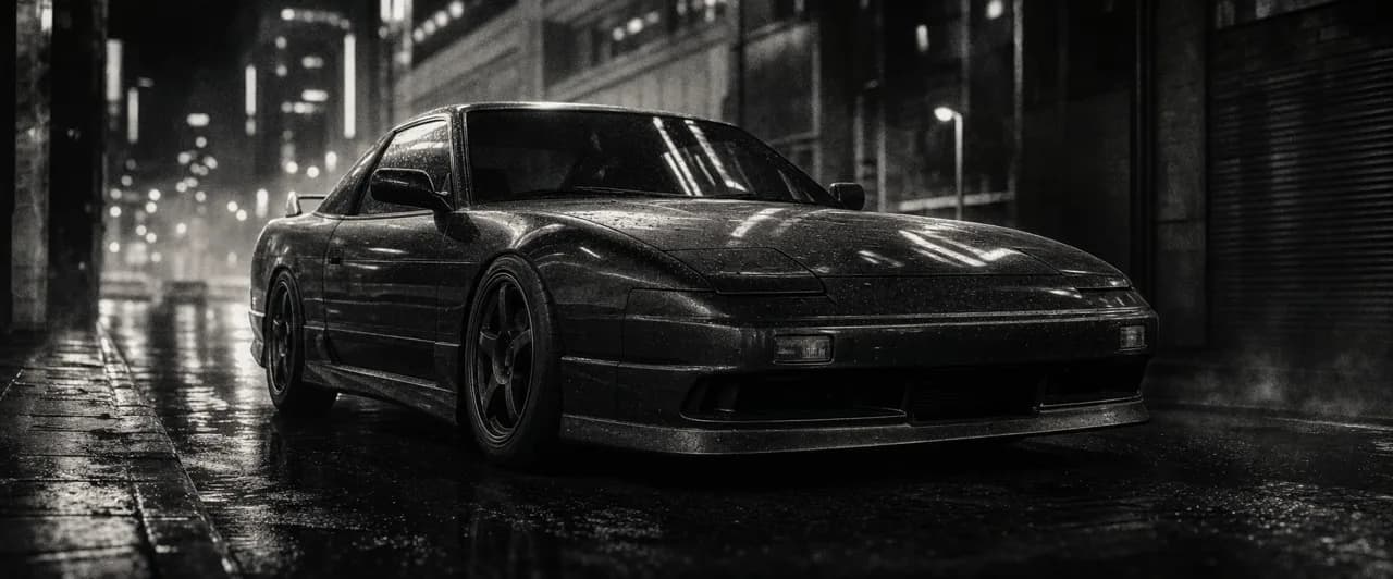Black and white cinematic concept image of a low Japanese sports coupe on a wet neon-lit city street
