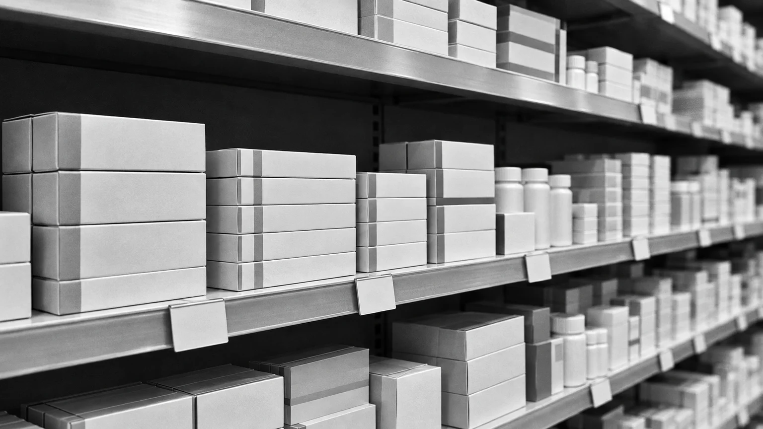 Black and white cinematic photograph of generic medicine boxes stacked on a pharmacy shelf with small price tags