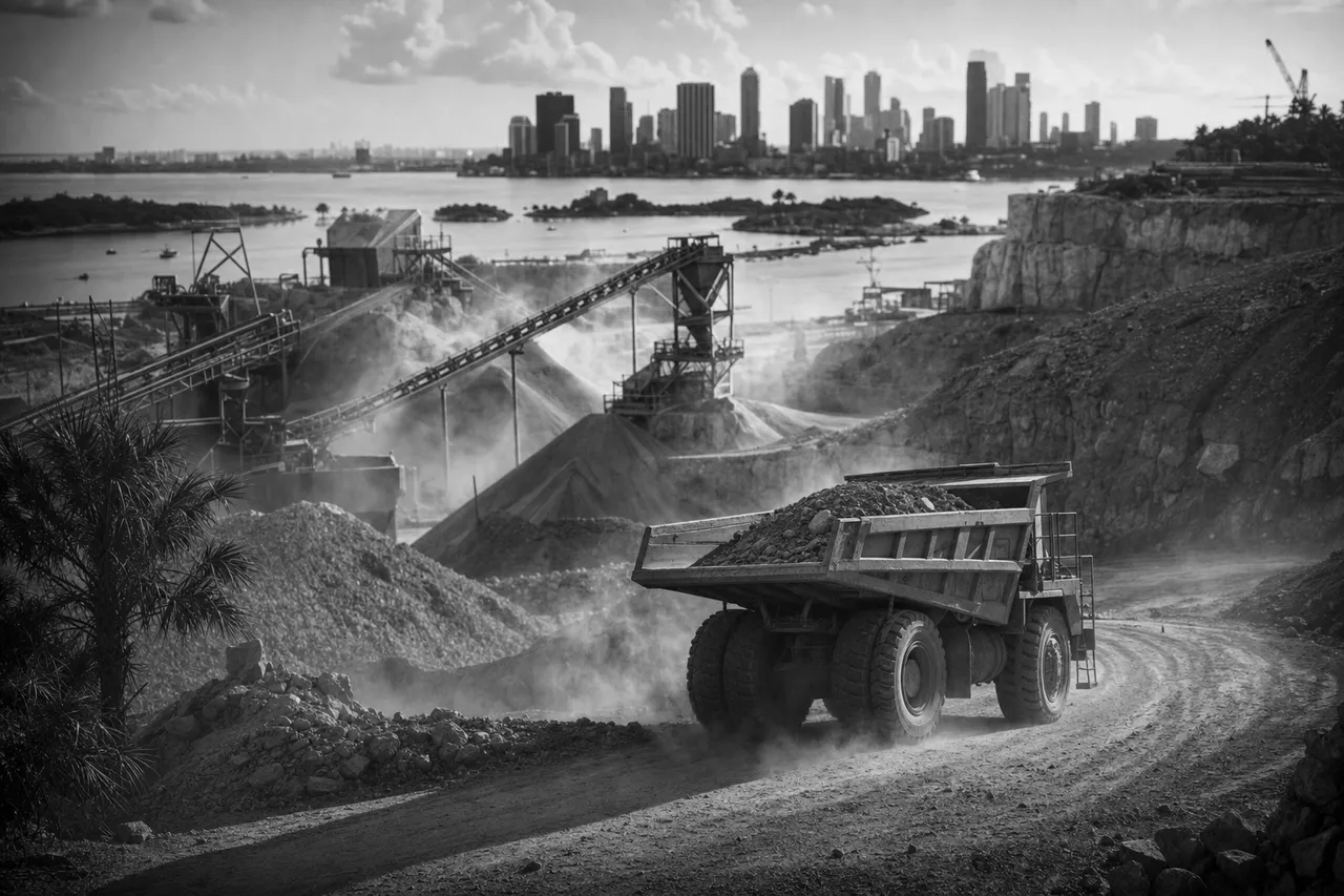 Black and white cinematic view of a quarry with a haul truck on a gravel ramp and crushed stone piles in dusty light