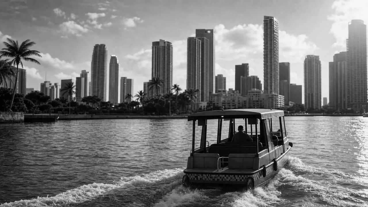 Black and white cinematic view of a water taxi crossing a calm bay toward a downtown skyline with a trailing wake
