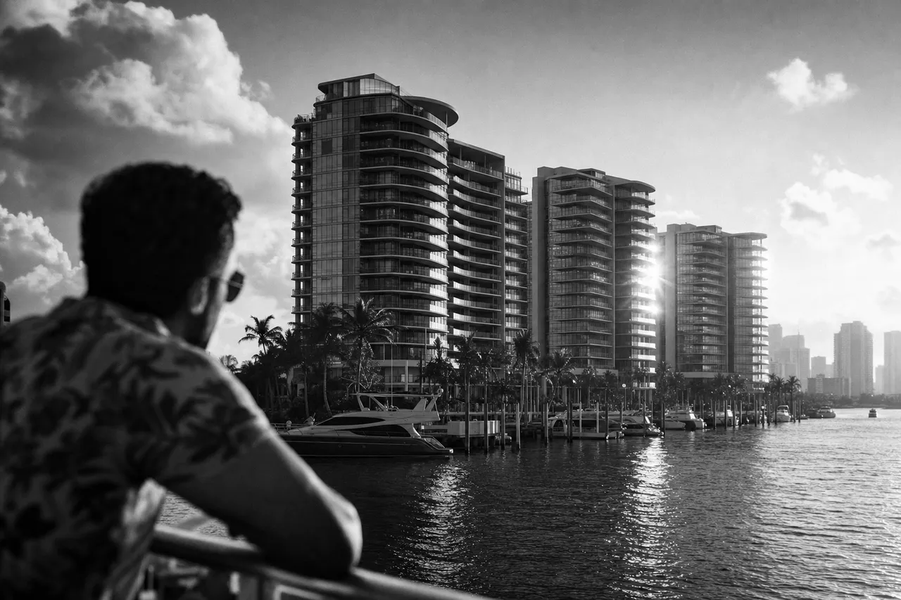 Black and white cinematic view of waterfront condo towers on an island with marina berths in the foreground