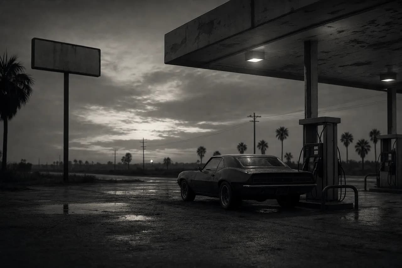 Black and white rural Florida county gas station forecourt at dusk with a muscle car parked beside the pumps under a worn canopy