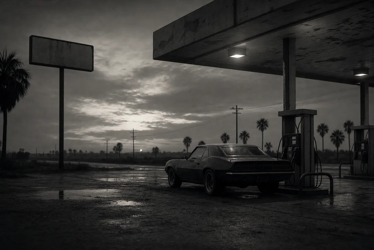 Black and white rural Florida county gas station forecourt at dusk with a muscle car parked beside the pumps under a worn canopy