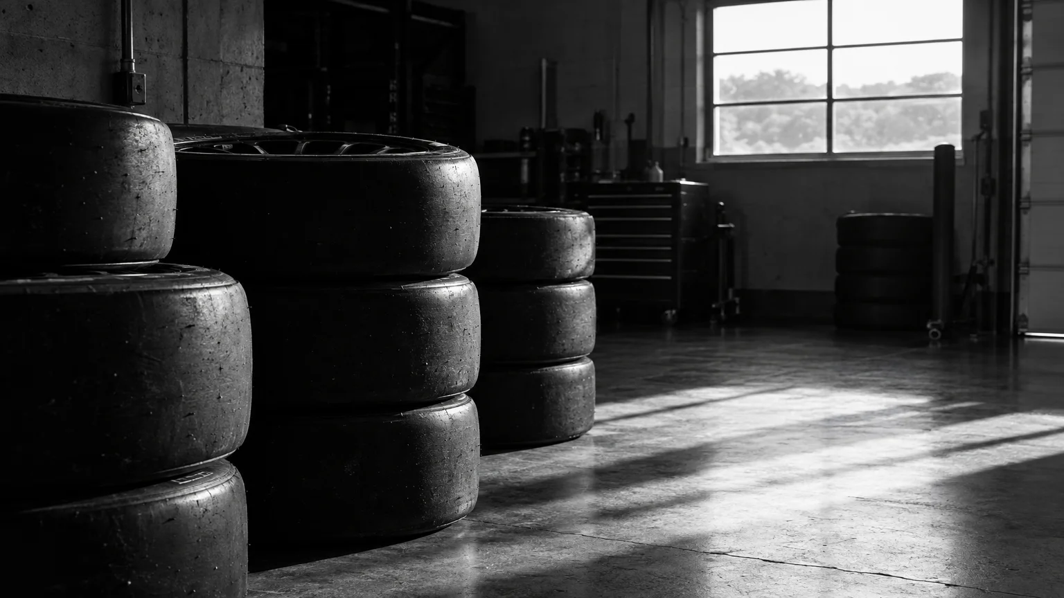 Black and white cinematic photograph of stacked racing tyres in a garage with light falling through a window