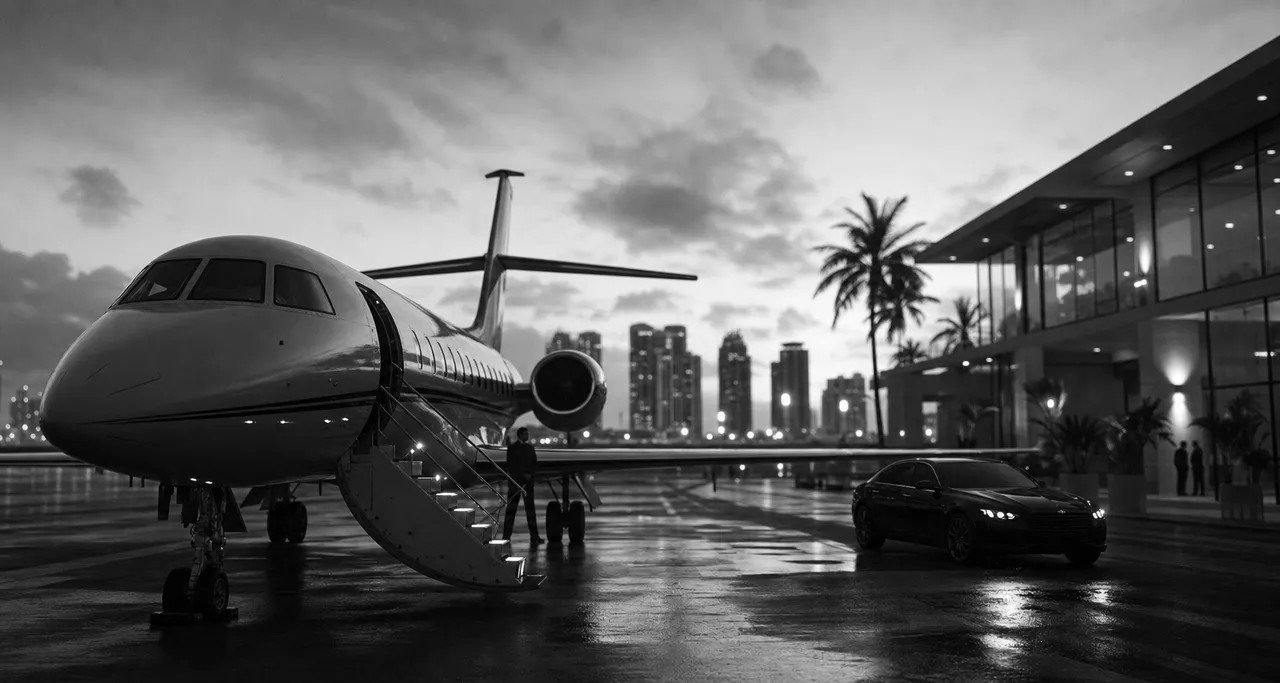Black and white cinematic view of a private jet outside an executive terminal with a black car waiting on the apron