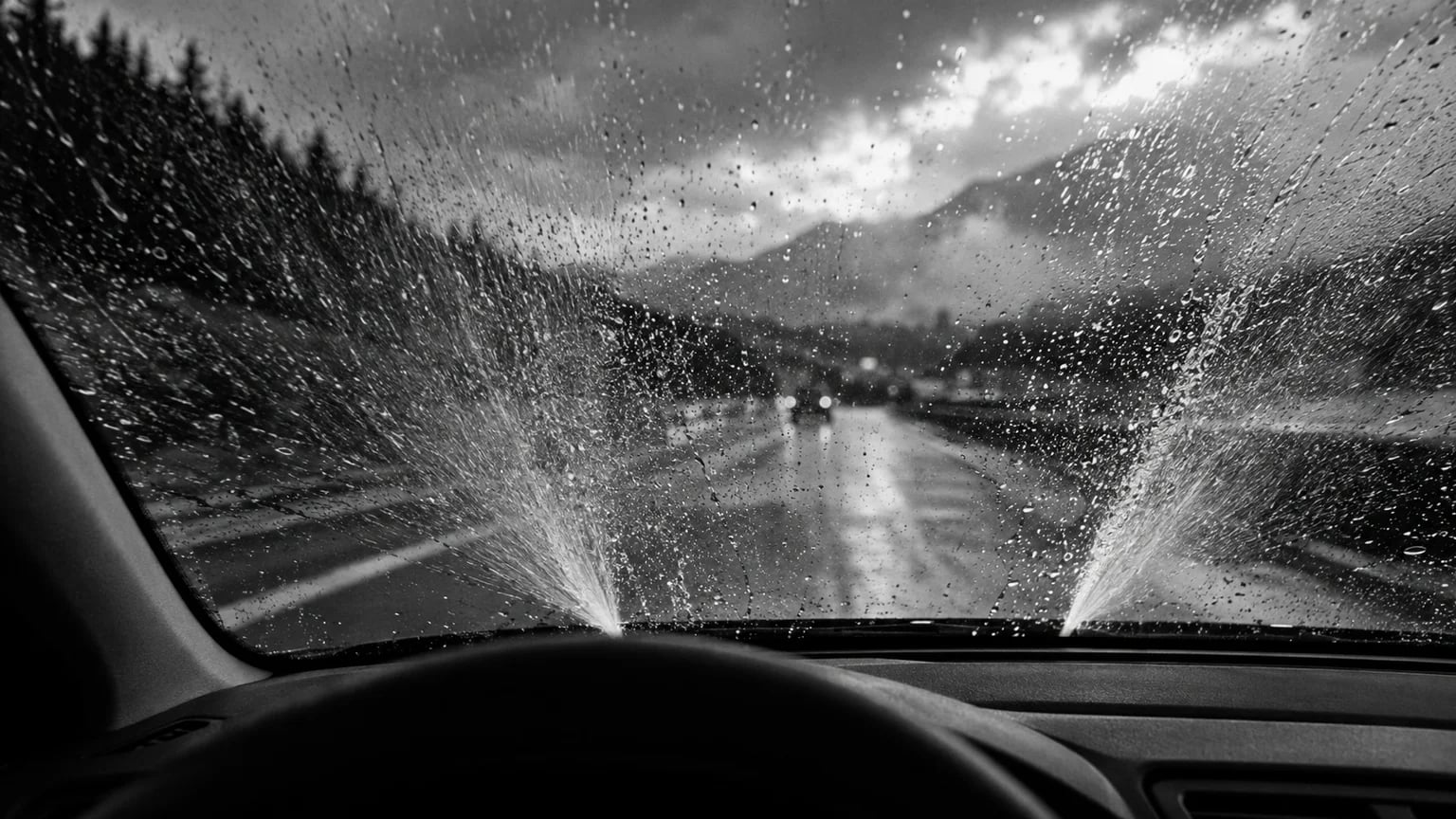 Black and white cinematic photograph of washer fluid spraying across a windscreen seen from inside a car