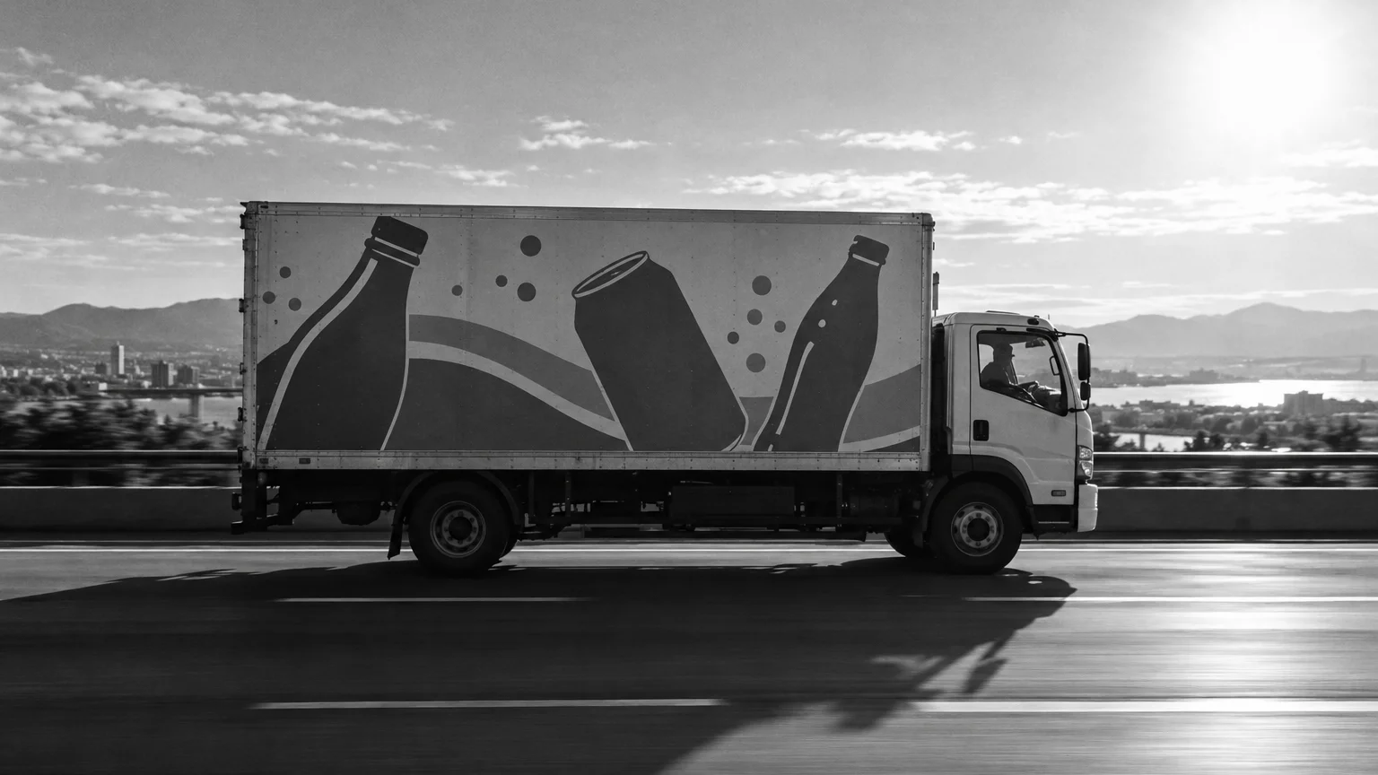 Black and white photo of a box truck on a sunlit highway, large soft drink branding across its cargo body