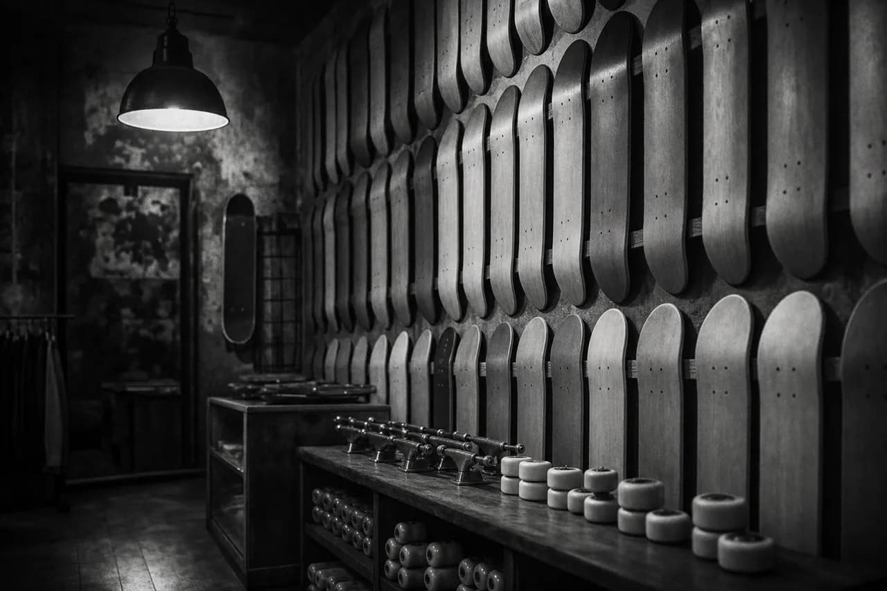Black and white skate shop with a wall of mounted blank skateboard decks and wheels and trucks on a counter