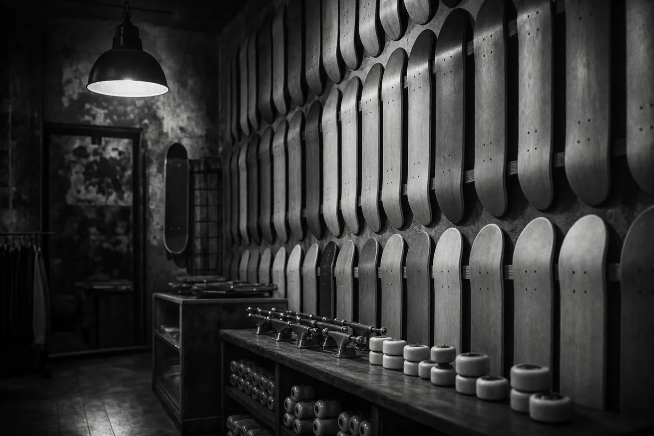 Black and white skate shop with a wall of mounted blank skateboard decks and wheels and trucks on a counter
