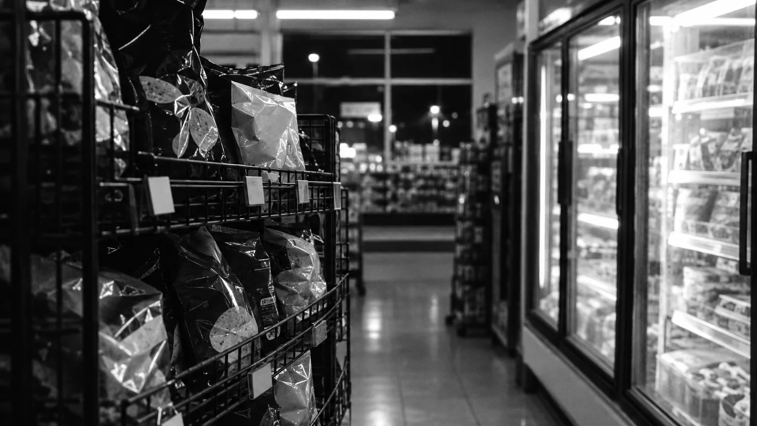 Black and white close-up of snack packets in a wire rack near a shop freezer, labels soft in the glare