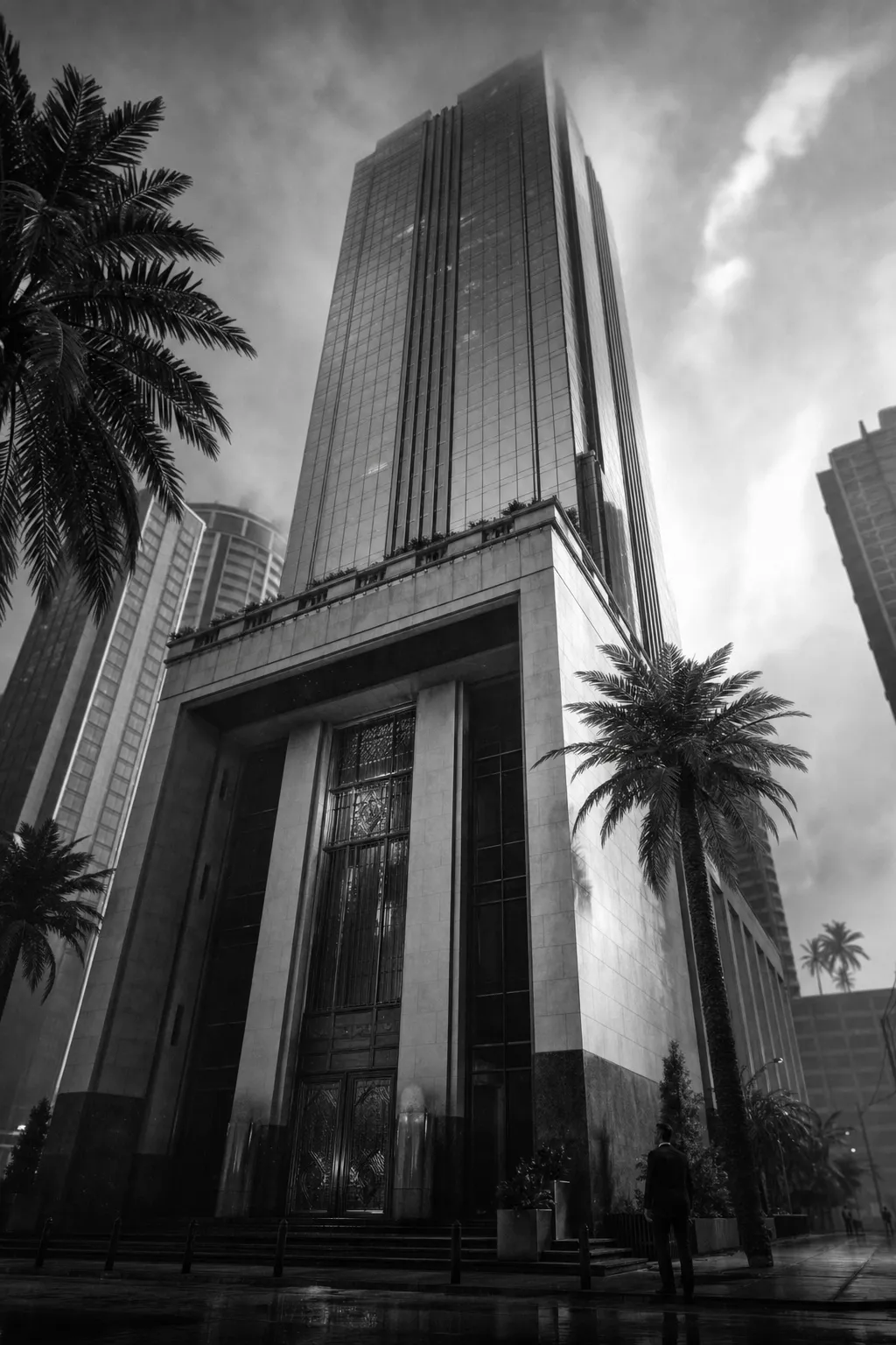Black and white cinematic upward view of a grand bank tower with a stone base and tall bronze doors
