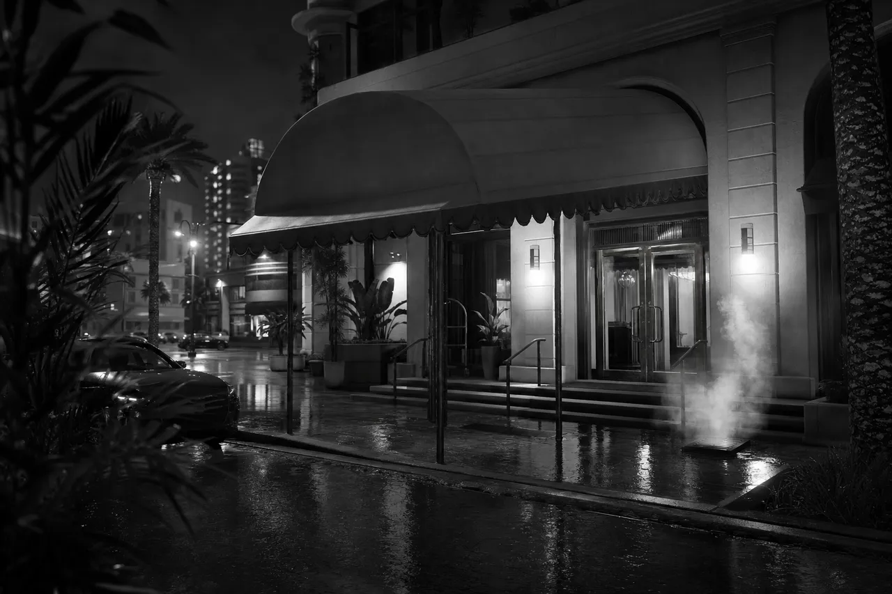 Black and white cinematic night view of a boutique hotel and spa entrance with a canopy and wet pavement reflections