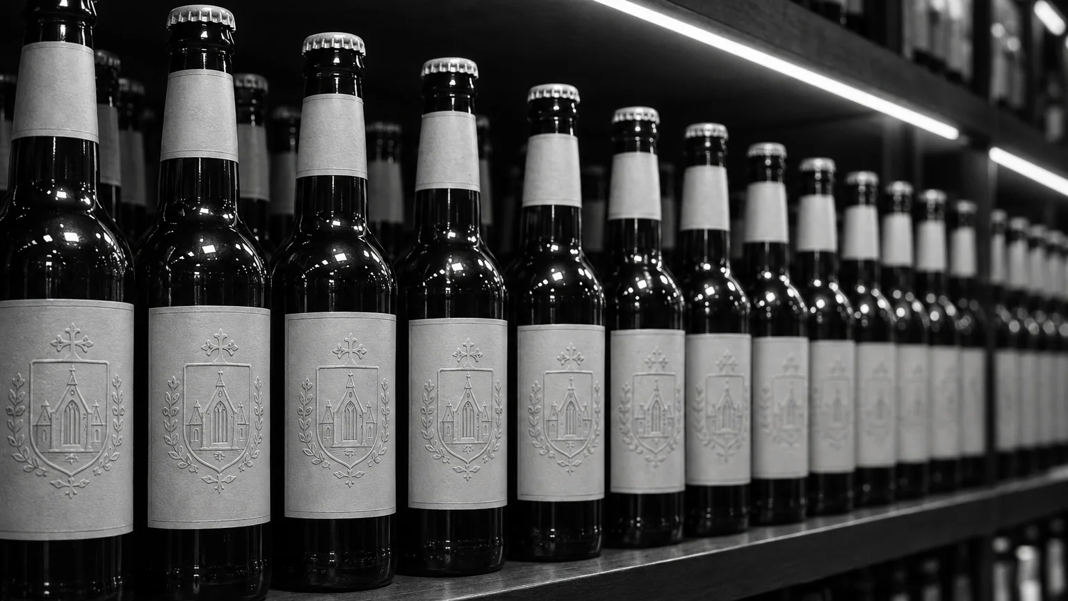 Black and white image of light beer bottles on a shop shelf, an abbey crest printed on the pale labels