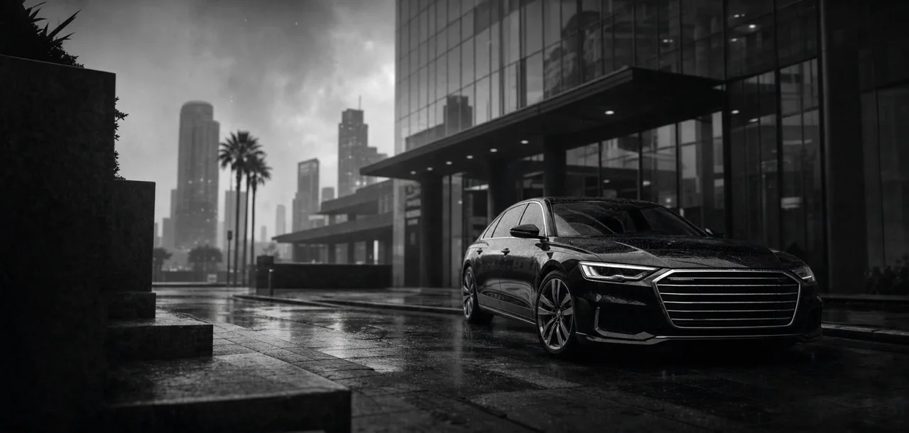 Black and white cinematic concept image of a sleek German executive sedan outside a modern glass office tower