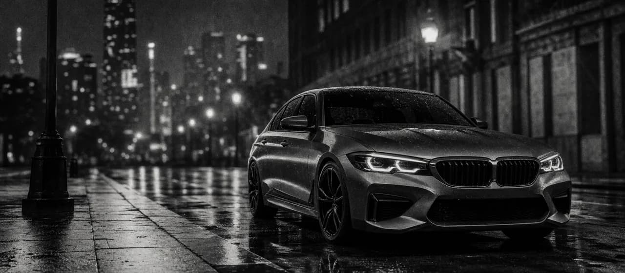 Black and white cinematic concept image of a sporty German sedan with a twin-grille on a wet city boulevard at night