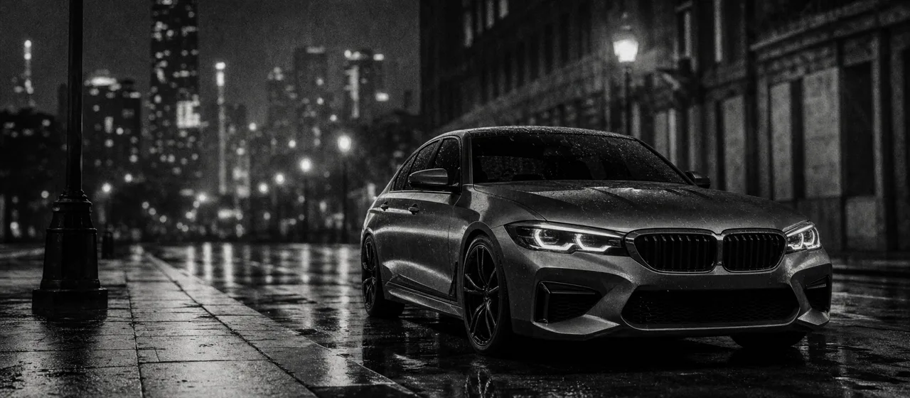Black and white cinematic concept image of a sporty German sedan with a twin-grille on a wet city boulevard at night